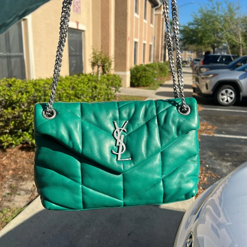 Saint Laurent Lambskin Quilted Loulou Puffer Chain Satchel Green Field Bag - Picture 2 of 8